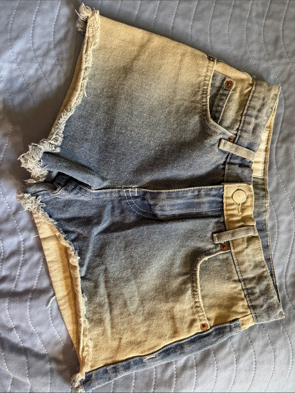 Zara Two-Tone Ombre Denim High-Rise Frayed Hem Shorts - Blue & Cream